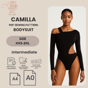 PDF Schnittmuster Damen Body | Asymmetrischer Ausschnitt | Langarm Stretch Top | Größen XXS–2XL | A4-A0 | Sofort Download
