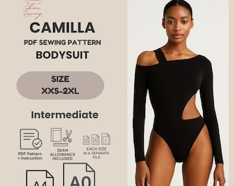 PDF Naaipatroon bodysuit voor dames | Asymmetrische halslijn | Top met stretch en lange mouwen | Maten XXS–2XL | A4 A0 | Direct downloaden
