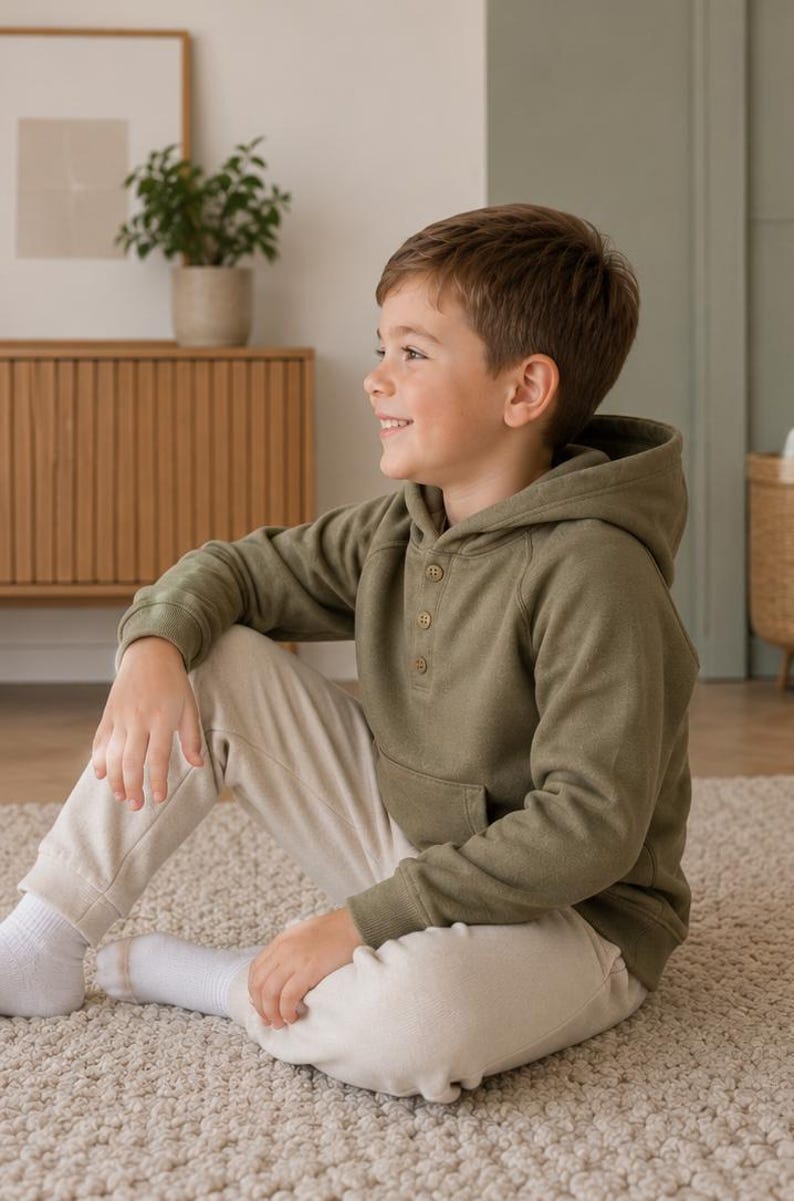 May include: An olive green hooded sweatshirt with a three-button placket and a front pocket. The sweatshirt is paired with cream-colored sweatpants. The person is sitting on a beige carpet.
