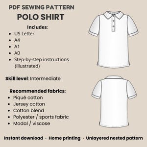 Op de afbeelding: Een PDF-naaipatroon voor een poloshirt met technische lijntekeningen van de voor- en achterkant. De tekst bevat: PDF SEWING PATTERN POLO SHIRT, Includes: US Letter, A4, A1, A0, Step-by-step instructions, Skill level: Intermediate, Recommended fabrics.