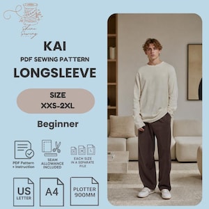 May include: A PDF sewing pattern for a long sleeve shirt, labeled "KAI," with sizes XXS-2XL for beginners. The image includes a person wearing a cream-colored long-sleeve shirt and brown pants. The pattern includes seam allowance and instructions, and is available in US Letter and A4 formats.