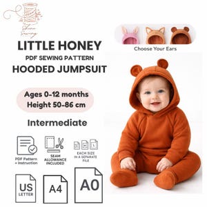 Baby Animal Romper PDF Sewing Pattern, Hooded Jumpsuit with Bunny Bear Fox Ears, 0-12 Months, Printable A4 A0 US Letter