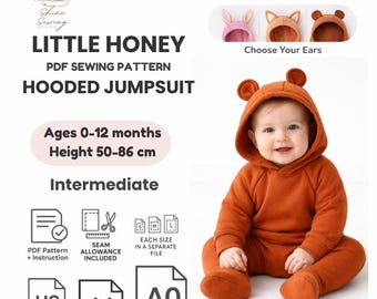 Baby Animal Romper PDF Sewing Pattern, Hooded Jumpsuit with Bunny Bear Fox Ears, 0-12 Months, Printable A4 A0 US Letter