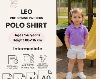 Padrão de costura em PDF para camisa polo Leo: blusa de malha para bebês e crianças (tamanhos 1 a 6 anos) (impressão A4/A0/A1)