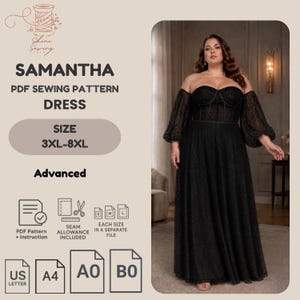 May include: A black floor-length dress with a corset-style bodice and sheer off-the-shoulder puff sleeves. The fabric features a subtle glitter finish. Text includes SAMANTHA PDF SEWING PATTERN DRESS, SIZE 3XL-8XL, Advanced, and file formats.