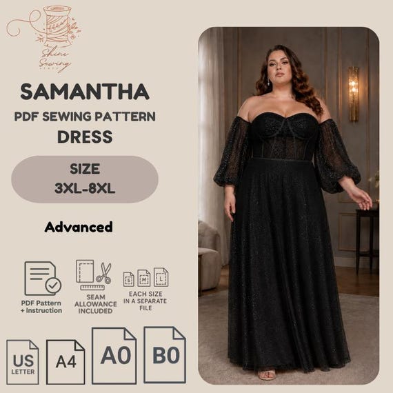 Plus Size Wedding Dress Sewing Pattern PDF, Bridal Corset Gown Pattern, Strapless Maxi Dress with Puff Sleeves, Sizes 3XL–8XL