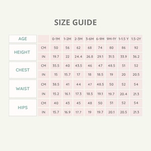 May include: A size guide chart for baby clothing, with measurements in centimeters and inches. The chart includes age ranges from 0-1 month to 1.5-2 years, with corresponding height, chest, waist, and hip measurements.