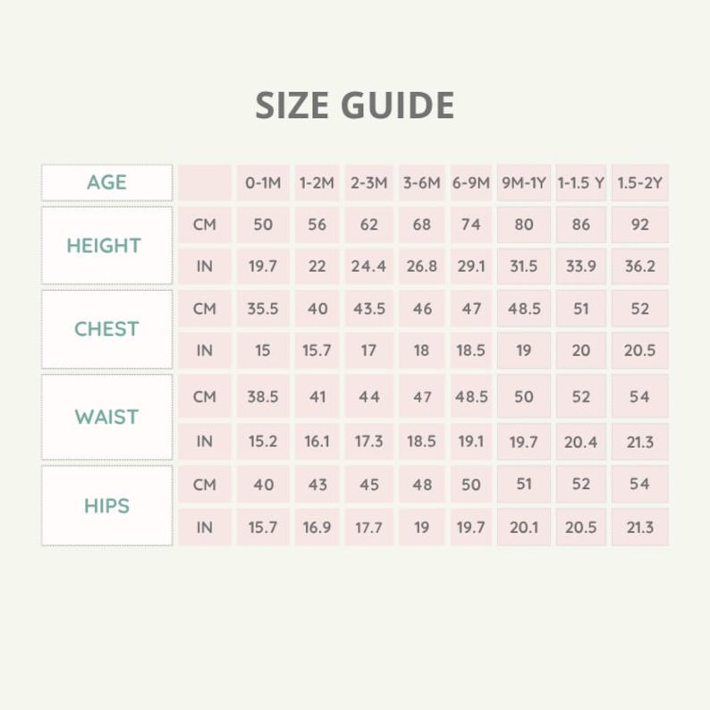 May include: A size guide chart for baby clothing, with measurements in centimeters and inches. The chart includes age ranges from 0-1 month to 1.5-2 years, with corresponding height, chest, waist, and hip measurements.