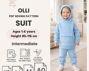 Baby Hoodie Schnittmuster - Alter 1-6 Jahre - Blaue Bärenohren Outfit PDF - Kleinkind Jungen Trainingsanzug - Gemütliche Baby Kleidung Schnittmuster