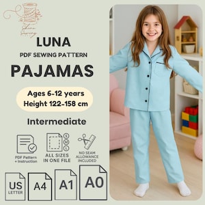 Patrón de costura de pijama infantil en PDF: Conjunto de pijama abotonado (tallas 6-12 años)