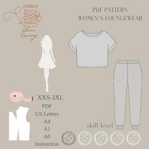 Patrón de costura en PDF para ropa de estar por casa para mujer / Conjunto de top y pantalón / Tallas XXS-3XL / Descarga digital / A4 A0 Carta EE. UU. / Apto para principiantes