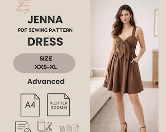 Patrón de costura en PDF para vestido con lazo frontal / Patrón de minivestido de verano / Vestido entallado y con vuelo / Patrón de vestido para mujer XXS–XL / Plotter A4 de 900 mm