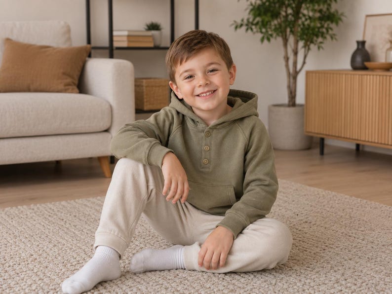 May include: A young person wearing a green hooded sweatshirt and beige sweatpants sits on a beige rug. The person is smiling and wearing white socks. A beige sofa and wooden cabinet are in the background.