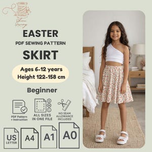 Patrón de costura de falda plisada de Pascua para niña (PDF, tallas 6-12 años, imprimible en A4/A0/A1)