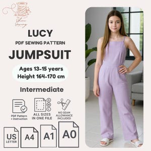 Patron de couture PDF | Salopette Lucy pour adolescente | Combinaison élégante | Tailles 13 ans-15 ans | Adapté aux débutants | Téléchargement numérique