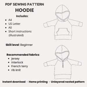 May include: A PDF sewing pattern for a hoodie, featuring two line drawings of the garment. The text includes "PDF SEWING PATTERN HOODIE" and details like "Includes: A4, US Letter, A0, Short instructions (illustrated)." Skill level: Beginner. Recommended fabrics: jersey, interlock, French terry, rib knit.