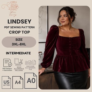 Plus Size Milkmaid Top Symönster PDF, Puffärmad Blus i Cottagecore, Fyrkantig Halsringning, Romantisk Sommartopp Mönster 3XL-8XL