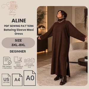 Puede incluir: Un vestido largo de punto acanalado en color marrón oscuro con cuello alto y mangas largas tipo murciélago. El vestido presenta una silueta recta con aberturas laterales en el dobladillo. El texto en la imagen dice ALINE PDF SEWING PATTERN.
