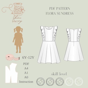 Girls Ruffle Sleeve Summer Dress PDF Pattern | Sizes 6Y-12Y | Flora Sundress | A4 A0 A1 Printable | Easy DIY Sewing Project