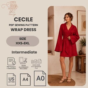 Puede incluir: Un patrón de costura digital para un vestido cruzado llamado Cecile, en tallas XXS-5XL. Incluye instrucciones, márgenes de costura y archivos para US Letter, A4 y A0. La imagen muestra un vestido cruzado de color rojo con mangas anchas.