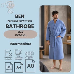 Men's Bathrobe Sewing Pattern PDF, Waffle Robe Pattern, Shawl Collar Robe, Spa Robe Pattern, Men's Dressing Gown, Housecoat PDF, XXS-2XL