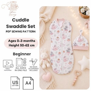 May include: A Cuddle Swaddle Set PDF sewing pattern for ages 0-3 months and heights 50-62 cm. The set includes a white swaddle with a pink and brown tea party print, a matching knotted hat, a plush rabbit, a star pillow, and a heart rattle.