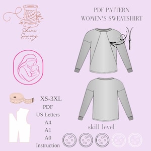Molde de costura em PDF para moletom de amamentação | Molde de moletom com zíper para maternidade | Blusa feminina XXS–3XL | Carta EUA A4 A0 A1