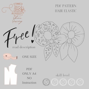 Könnte beinhalten: Ein digitales PDF-Muster für Haargummis. Das Bild zeigt zwei Scrunchies, eines mit floralem Design und das andere mit einer Schleife. Der Text enthält "Free!", "One Size" und "PDF Pattern Hair Elastic". Ein Maßband und ein Schnittmuster sind ebenfalls abgebildet.