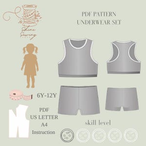 Patrón PDF de ropa interior para niña / Conjunto de camiseta y pantalones cortos (6-12 años) / Costura fácil / Tamaño A4 + Carta (EE. UU.) / Lencería DIY para preadolescentes / Apto para principiantes