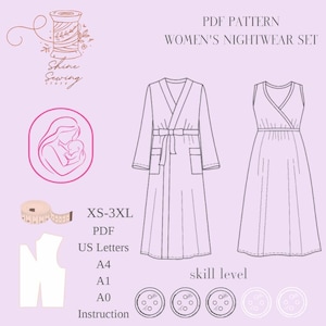 Patrón PDF de bata y vestido de dormir para mujer / XS-3XL / Bata de maternidad y lactancia / Tamaño A4, Carta A0 (EE. UU.) / Proyecto de costura fácil