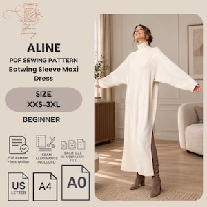 Batwing Sleeve Maxi Dress Sewing Pattern, PDF Dress Pattern, Turtleneck Sweater Dress, Loose Long Dress, Women’s Pattern XXS-3XL