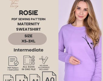 Wykrój PDF bluzy do karmienia piersią | Wykrój bluzy ciążowej z kapturem na zamek | Bluza damska XXS–3XL | A4, format US, A0, A1