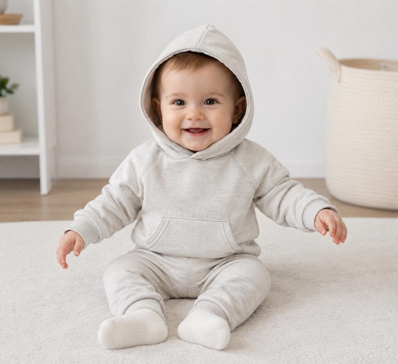May include: A smiling baby wearing a light gray hoodie and matching sweatpants. The baby is sitting on a white rug. The outfit has a kangaroo pocket on the front of the hoodie.