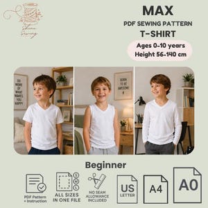 Puede incluir: Patrón de costura de camiseta blanca con cuello en V para niños de 0 a 10 años, altura 56-140 cm. El patrón incluye instrucciones y viene en varias tallas. La imagen muestra a tres niños con la camiseta. Nivel principiante.