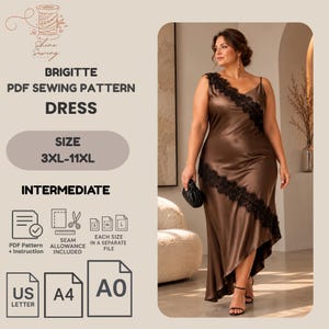 May include: A brown satin slip dress with black lace trim running diagonally across the bodice and skirt. The text reads BRIGITTE PDF SEWING PATTERN DRESS, SIZE 3XL-11XL, INTERMEDIATE, PDF Pattern + Instruction, SEAM ALLOWANCE INCLUDED, EACH SIZE IN A SEPARATE FILE, US LETTER, A4, A0.