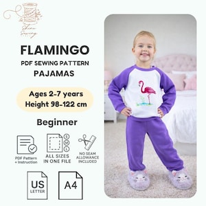 Wykrój piżamy Flamingo w formacie PDF: rozmiary dziecięce 2-7 lat (format A4 do pobrania)