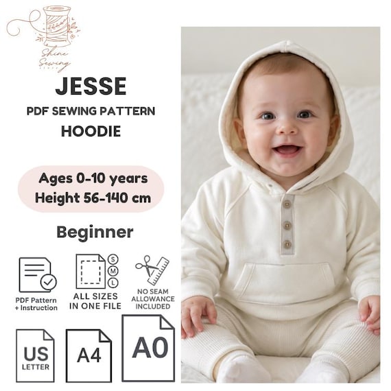 Kids Hoodie PDF Sewing Pattern | Baby to Kids Pullover Hoodie | Raglan Sweatshirt Pattern | Ages 0–10 | A4 A0 US Letter