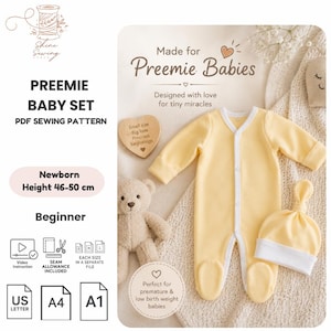 May include: A PDF sewing pattern for a preemie baby set, featuring a light yellow long-sleeve footed sleeper with white trim and a matching knotted hat. The text includes 'Made for Preemie Babies', 'Newborn Height 46-50 cm', and 'Beginner'.