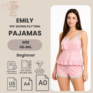 Damespyjama (pdf-naaipatroon) | Beginner | XS–3XL | Zomernachtkledingset | A4 US Letter A0 | Afdrukbaar patroon