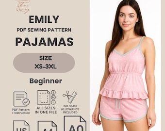 May include: A PDF sewing pattern for pajamas titled Emily, featuring a pink tank top and shorts set with white polka dots. The text includes size XS-3XL, beginner level, and file formats US Letter, A4, and A0. The pattern includes instructions.