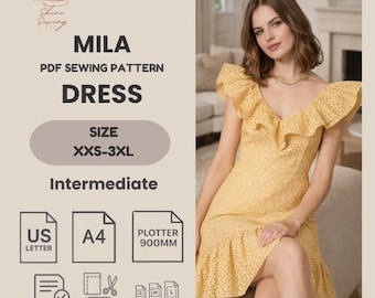 Mila Dress PDF Sewing Pattern | Ruffle Summer Dress Pattern | V Neck Midi Dress | XXS–3XL | Intermediate Sewing Pattern | A4 Plotter 900mm