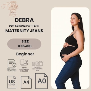 Umstandsjeans PDF Schnittmuster | Anfängerfreundliches Schwangerschaftshosen-Muster | XXS–3XL | Printable US Letter A4 A0 | Umstandsmode