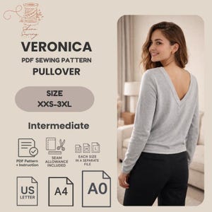 PDF型紙 レディース プルオーバー | Vネック＆クルーネック トップス | 長袖シャツ | サイズ XXS～2XL | A4 A0 US レター