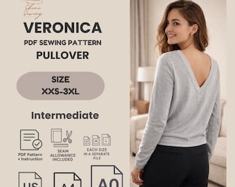 PDF Sewing Pattern Women’s Pullover | V-Neck & Crew Neck Top | Long Sleeve Shirt | Sizes XXS–2XL | A4 A0 US Letter