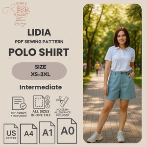 Op de afbeelding: Een digitaal PDF-naaipatroon voor een Lidia-poloshirt, maat XS-3XL, gemiddeld niveau. Inclusief instructies, alle maten in &eacute;&eacute;n bestand, zonder naadtoeslag. Compatibel met US Letter, A4, A1 en A0 papierformaten. Toont een wit poloshirt.