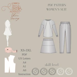 Patrón de costura en PDF para traje de mujer / Top, falda y pantalón / Tallas XS-3XL / A4, A0, Carta (EE. UU.) / Conjunto acogedor / Descarga instantánea