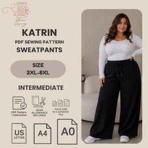 May include: A PDF sewing pattern for Katrin sweatpants in sizes 2XL-8XL, featuring an intermediate skill level. The pattern includes instructions, seam allowances, and files for US Letter, A4, and A0 formats. The sweatpants are black with a drawstring.