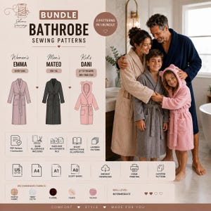 May include: A digital sewing pattern bundle for three bathrobe styles: Emma, Mateo, and Dani. Includes technical illustrations, size ranges, and icons for PDF, A4, A1, and A0 formats. Features a photo of three people wearing beige, gray, and pink robes.