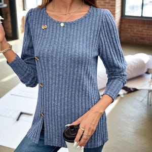 Round Neck Knit Top: Ribbed Texture Long Sleeve Button Detail Soft Pullover