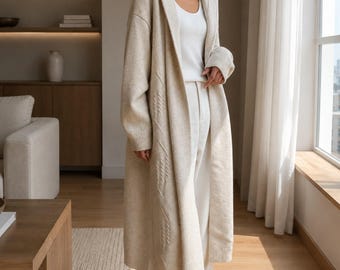 Hooded Knit Merino Wool Cardigan: Longline Loose Fit Sweater with Ribbed Cuffs